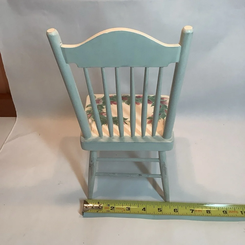 Hand Painted Doll Size Chair Rose Bud Artist Signed 12” Wood White Pink Green